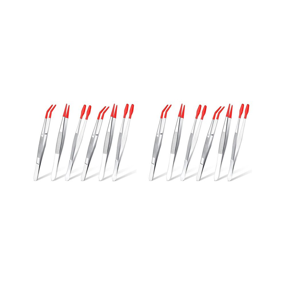 Exogio 12Pcs Tweezers With Rubber Tips Set Soft Pvc Rubber Coated Tips Bent And Straight Flat Tip Precision Bent Long Tweezers
