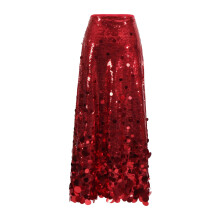 High Waist Zippered A Line Long Skirt with Sparkly-Red S