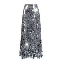 Elegant Sparkly Sequins Long Skirt for Women High-Silver M