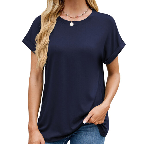 Women's Oversized Crew Neck Rolled Hem Short Sleeve-Navy Blue M