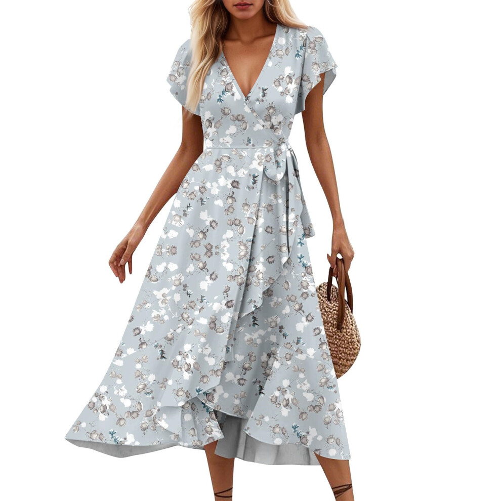 Women's Floral V-neck Short-sleeved Midi Dress, Retro-Gray M