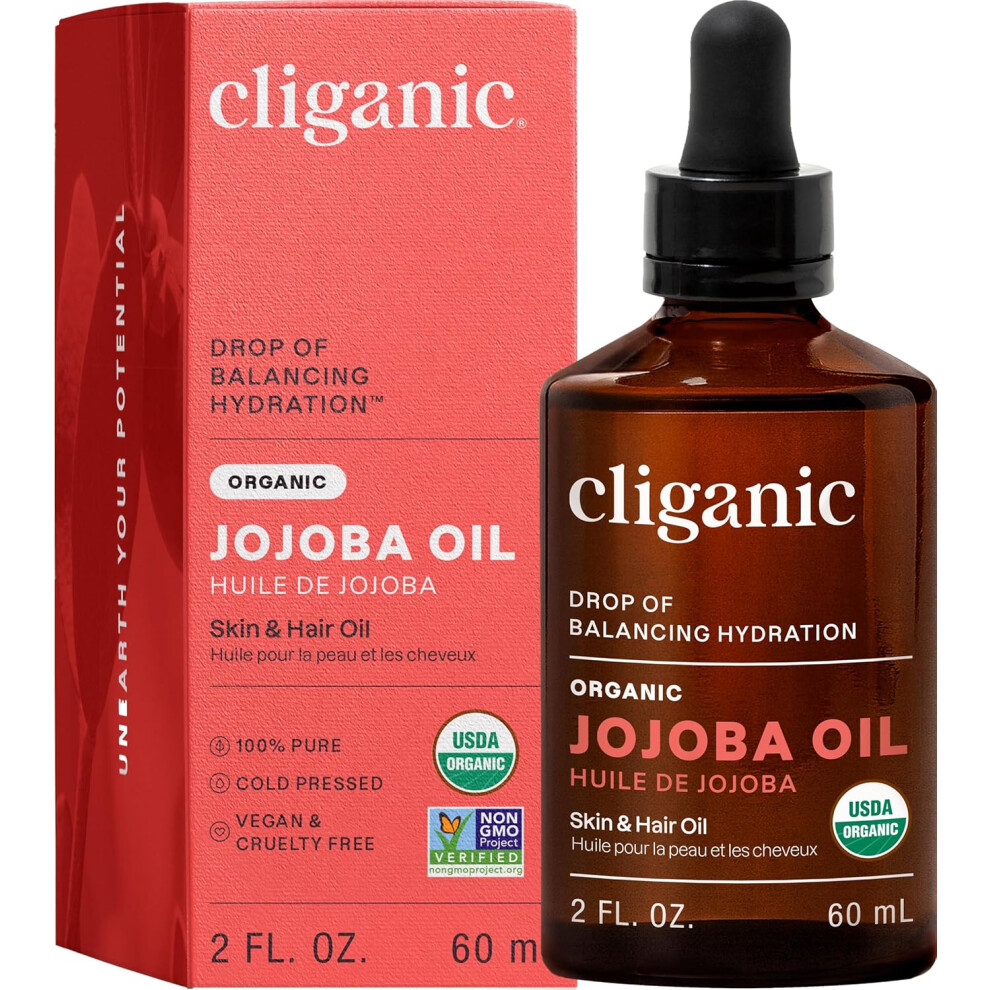 Cliganic Organic Jojoba Oil, 100% Pure (2Oz) | Natural Cold Pressed Unrefined Hexane Free Oil For Hair & Face | Base Carrier