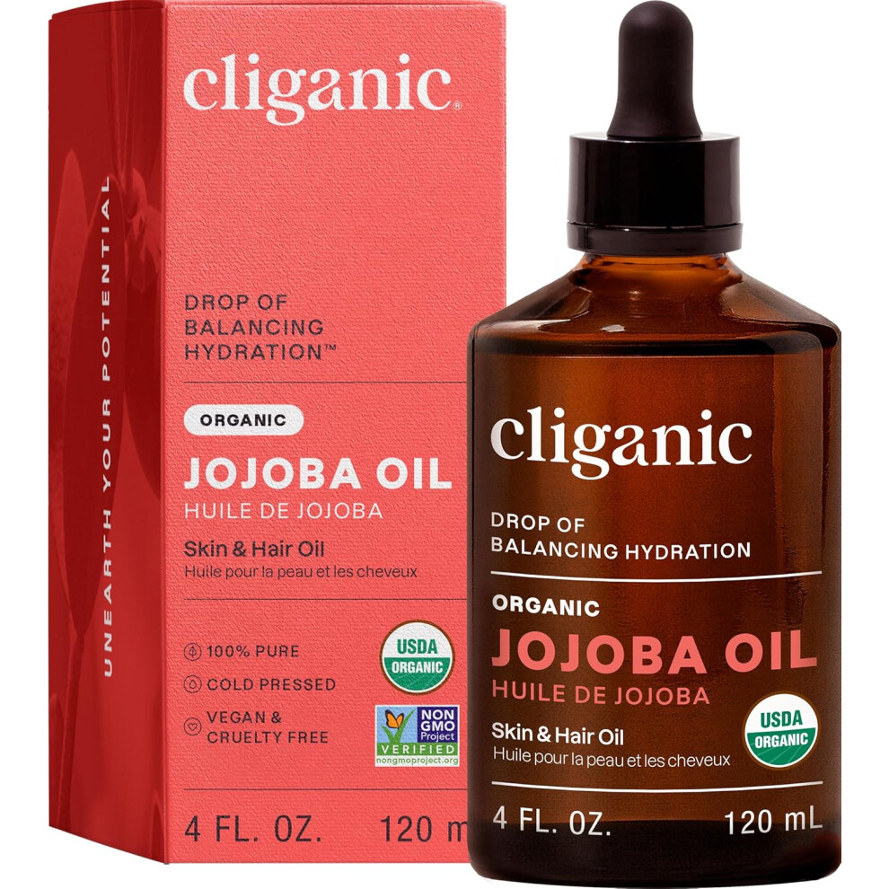 Cliganic Organic Jojoba Oil, 100% Pure (4Oz) | Moisturizing For Face, Hair, Skin & Nails | Natural Cold Pressed Hexane Free | Base Carrier Oil