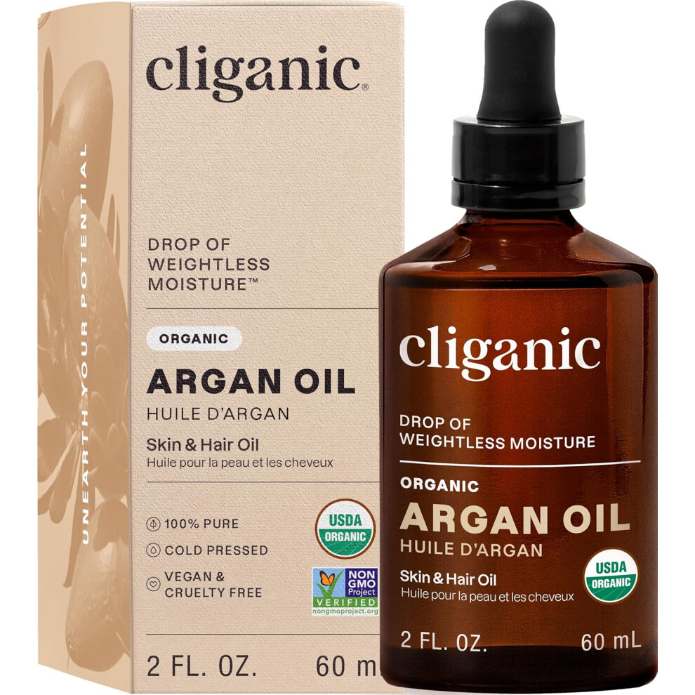 Cliganic Organic Argan Oil, 100% Pure - For Hair, Face & Skin | Cold Pressed Carrier Oil