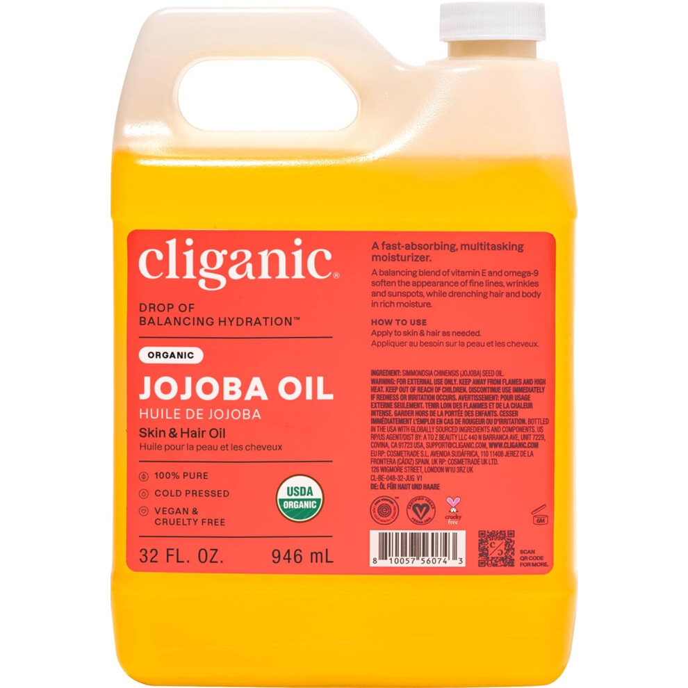 Cliganic Organic Jojoba Oil Bulk 32Oz, 100% Pure, Natural Cold Pressed Unrefined Hexane Free Oil For Hair & Face