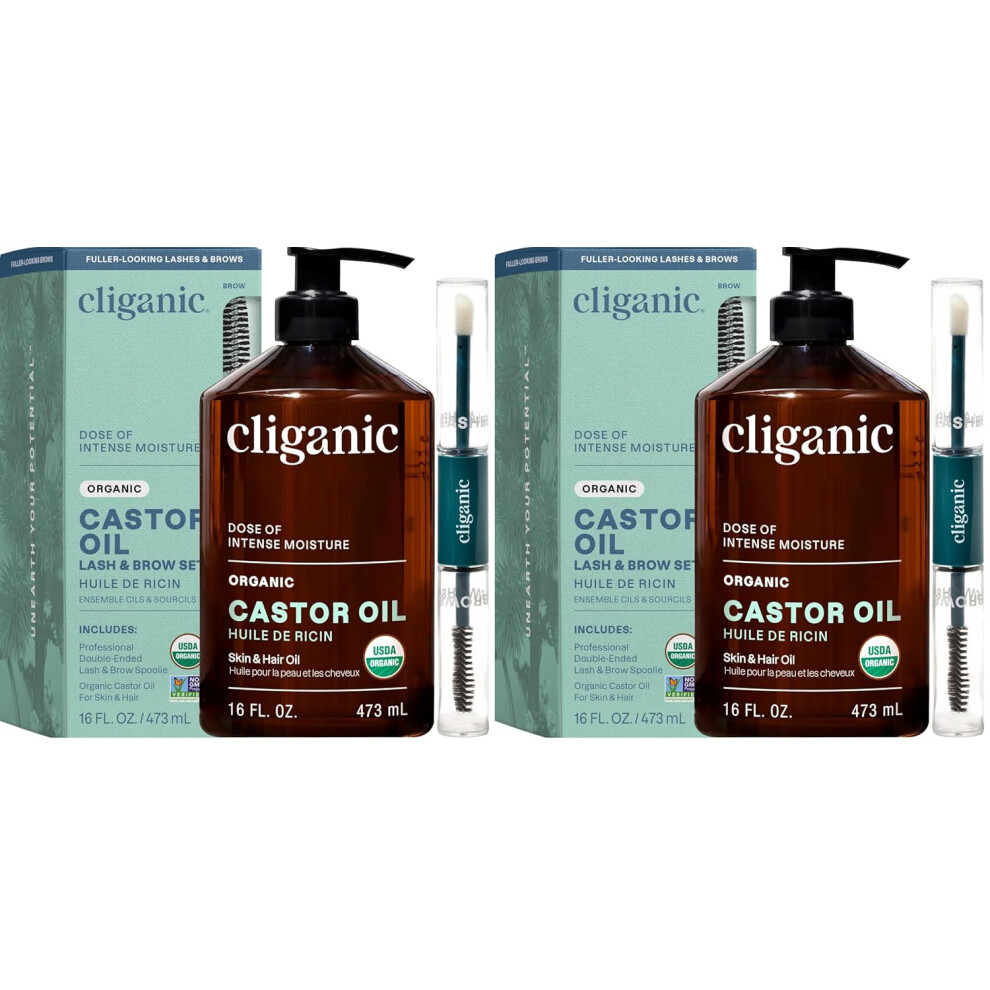 Cliganic Organic Castor Oil, 100% Pure (16Oz With Eyelash Kit) - For Eyelashes, Eyebrows, Hair & Skin | Bulk