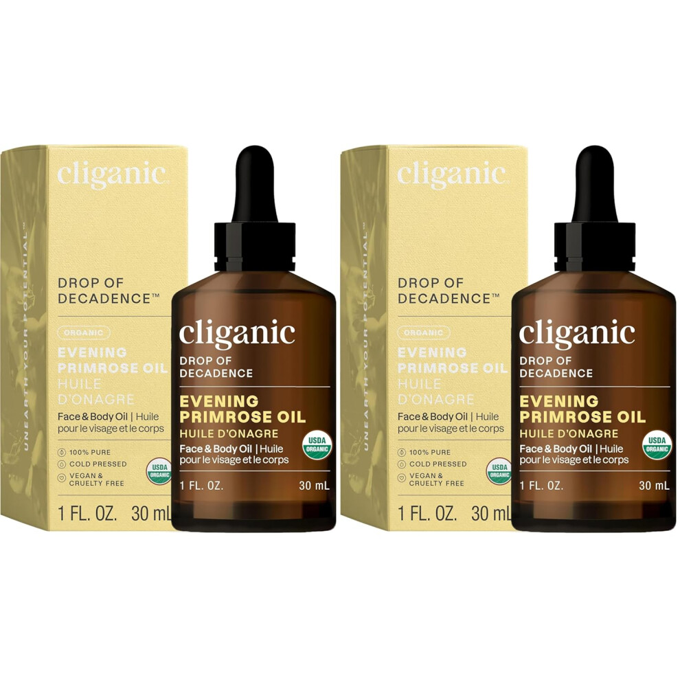Cliganic Organic Evening Primrose Oil, 100% Pure (1Oz) - For Hair & Face | Natural Cold Pressed Unrefined (Packaging May Vary) (Pack Of 2)