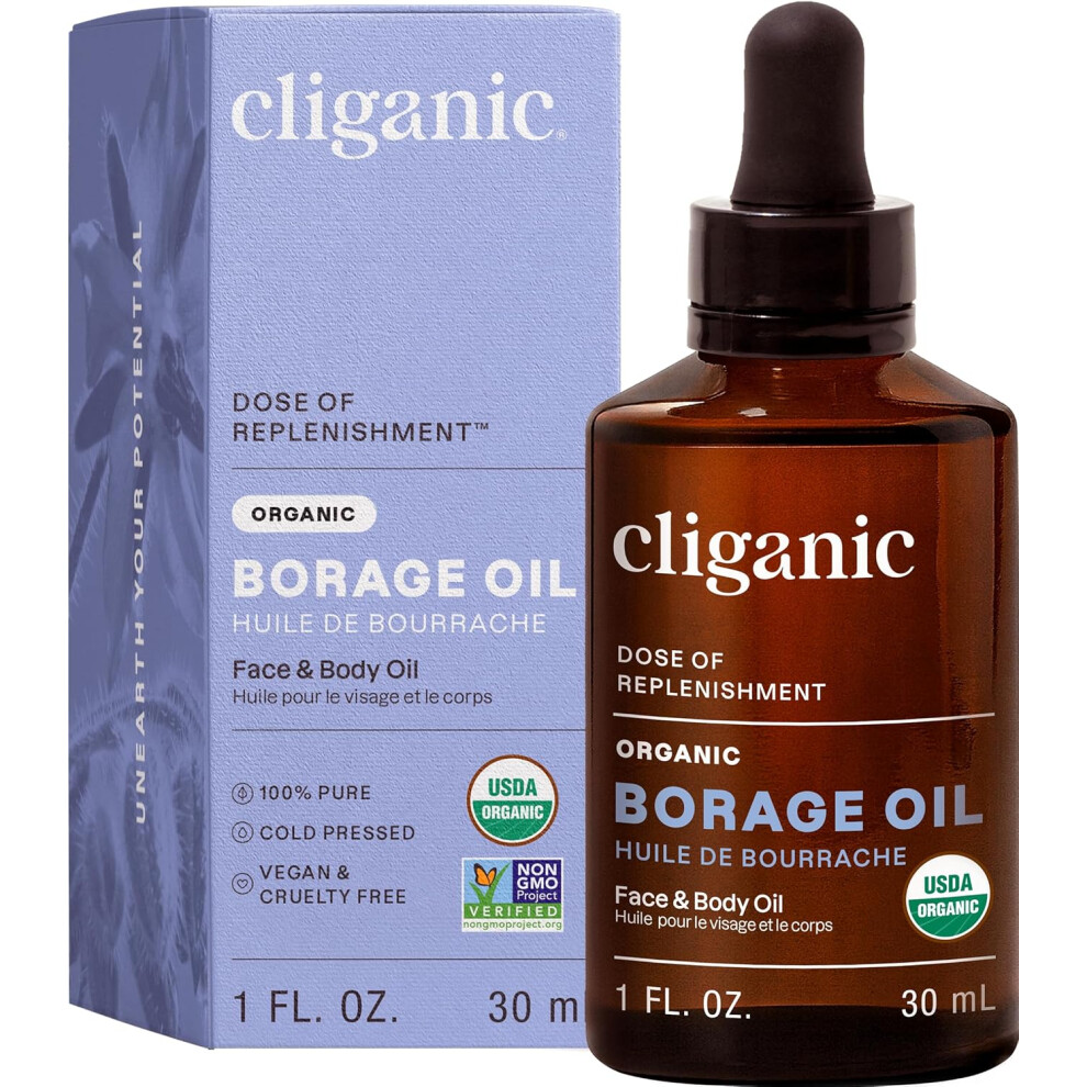 Cliganic Organic Borage Seed Oil For Face, 100% Pure (1Oz) - Natural Non-Gmo Cold Pressed