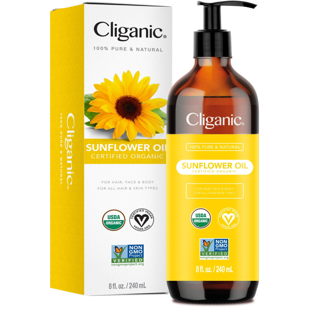 Cliganic Organic Sunflower Oil, 100% Pure (8Oz) - For Skin, Hair & Face | Natural Cold Pressed Unrefined
