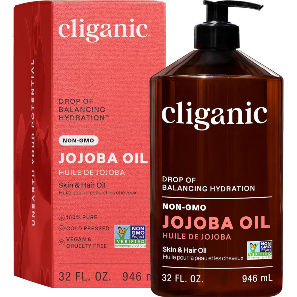 Cliganic Jojoba Oil Non-Gmo, Bulk | 100% Pure For Skin, Hair & Face, Cold Pressed Natural Hexane Free - Hair Relaxer (32 Oz)