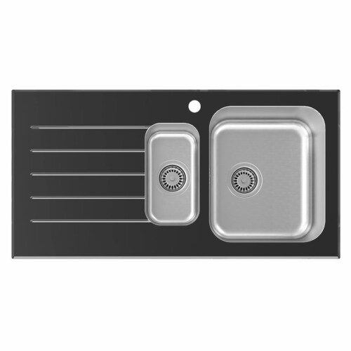 Sauber 1.5 Bowl Black Glass Stainless Steel Inset Kitchen Sink - Left Hand Drainer