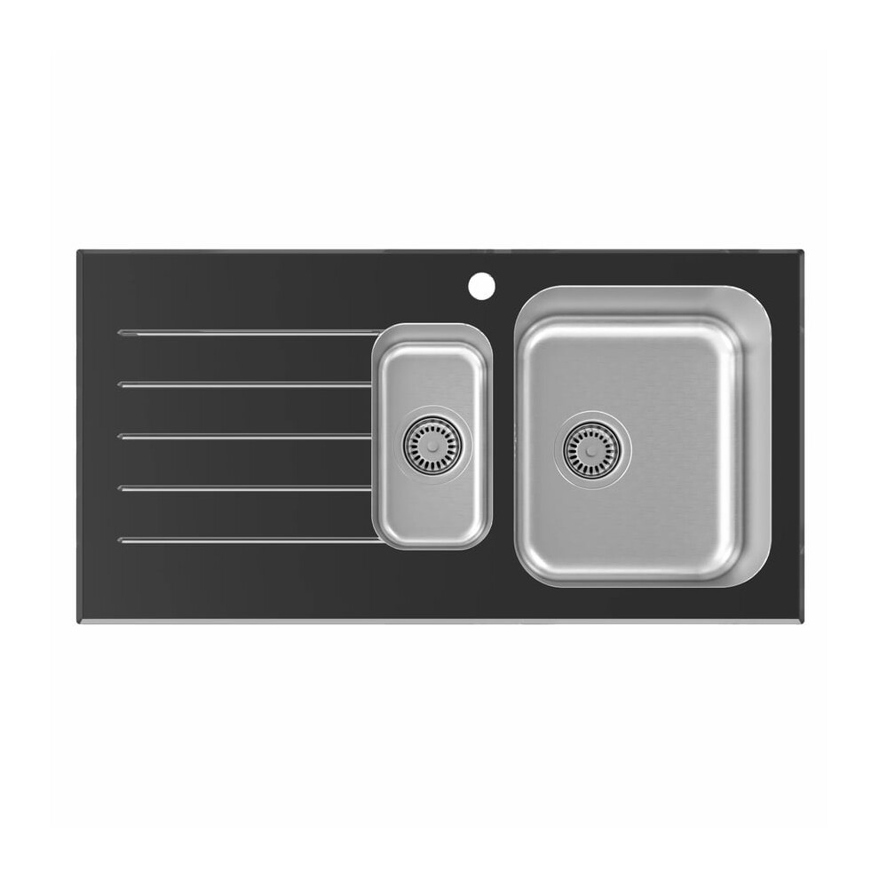 Säuber Sauber 1.5 Bowl Black Glass Stainless Steel Inset Kitchen Sink - Left Hand Drainer