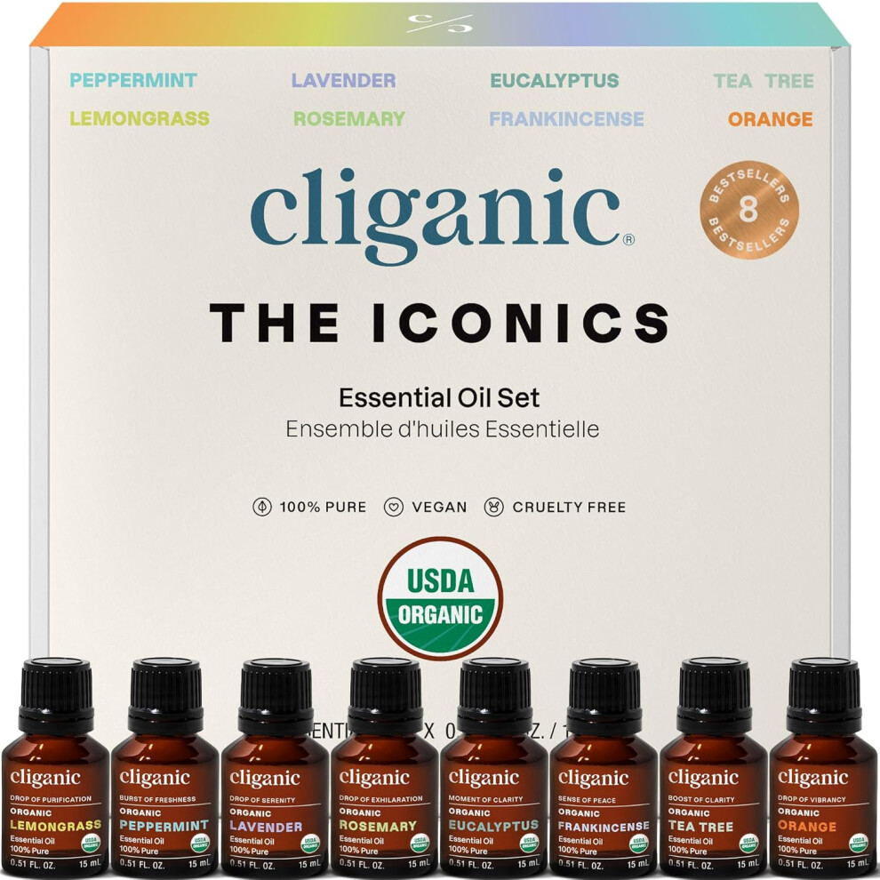 Cliganic Lavender/Orange Organic Aromatherapy Essential Oils Gift Set 100% Pure - Peppermint, Eucalyptus, Teatree, Lemongrass, Rosemary, Frankincense&