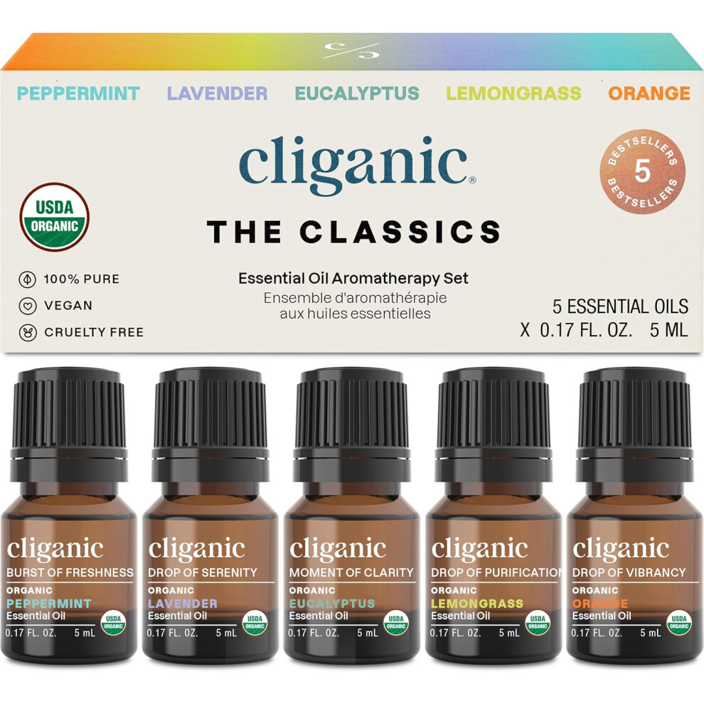 Cliganic Lavender/Orange Organic Essential Oils Set (Top 5 - The Classics) -100% Pure, Peppermint, Eucalyptus, Lemongrass &