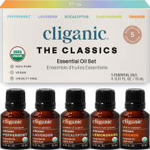 Cliganic Organic Essential Oils Set (Top 5 x 15ml) - 100% Pure, Peppermint, Lavender, Eucalyptus, Lemongrass & Orange