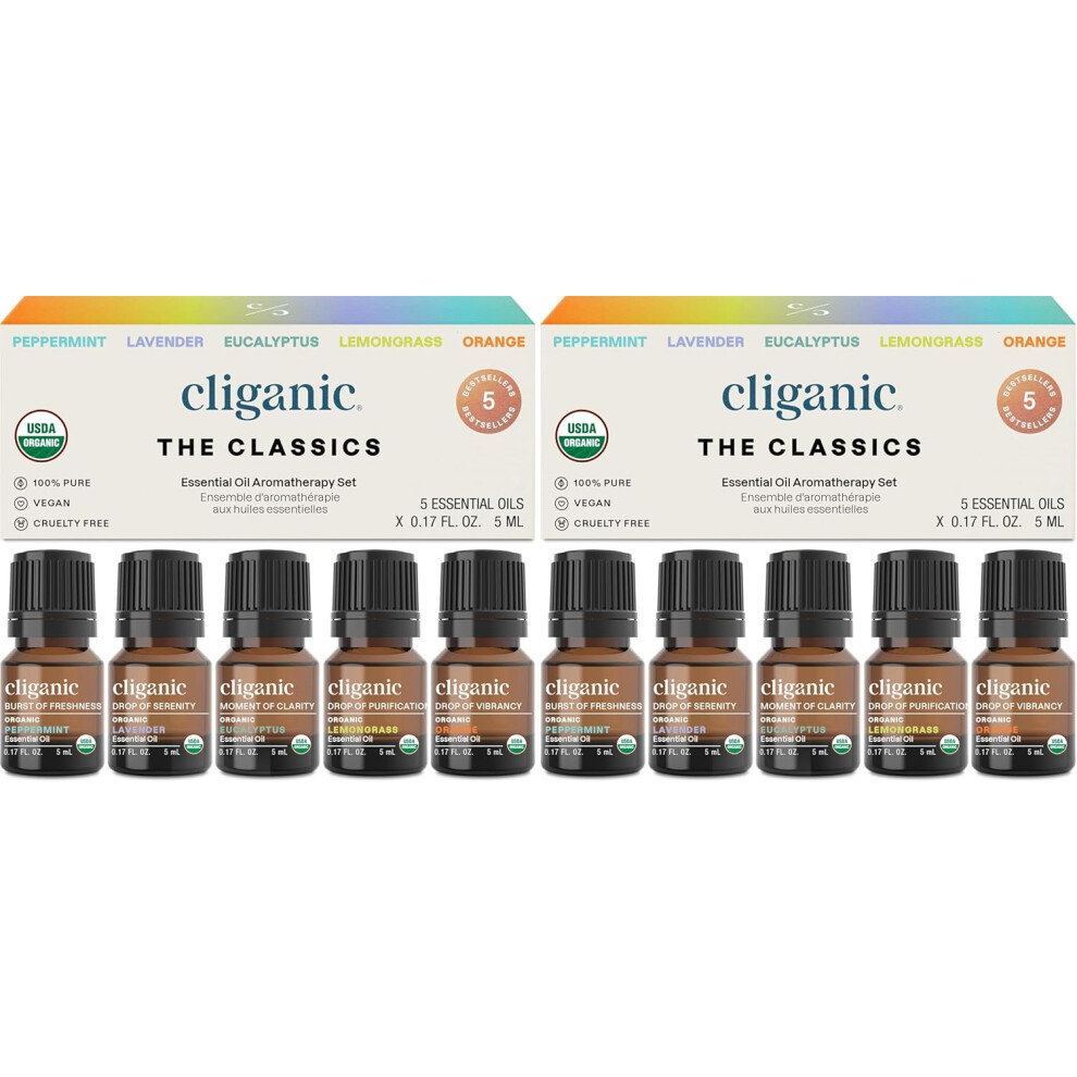 Cliganic Lavender/Orange Organic Essential Oils Set (Top 5 - The Classics) - 100% Pure- Aromatherapy, Peppermint, Eucalyptus, Lemongrass & (Pack Of 2)