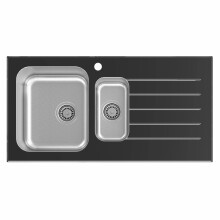 SinkEase® 1.5 Bowl Black Glass Stainless Steel Inset Kitchen Sink - Right Hand Drainer