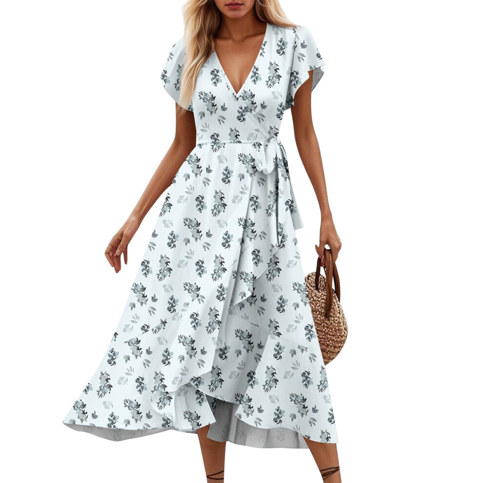 Women's Floral V-neck Short-sleeved Midi Dress, Retro-White S