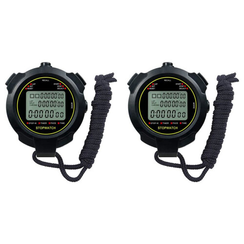 2X Digital Sports Stopwatch, 10Lap /Split Memory Stopwatch Count Down Timer, Large Display Waterproof 12/24 Hour Clock