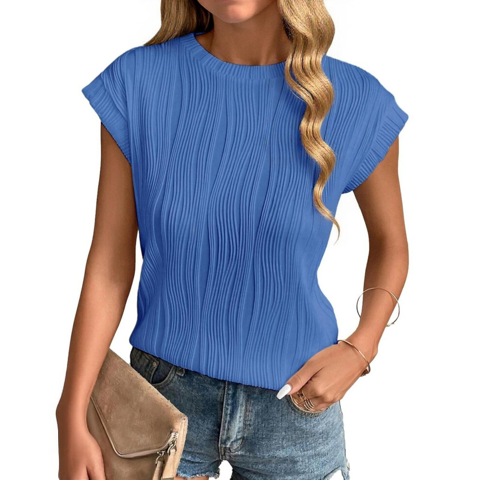 Sky Blue Womens Short Sleeve Textured Tops Crewneck Knit- S