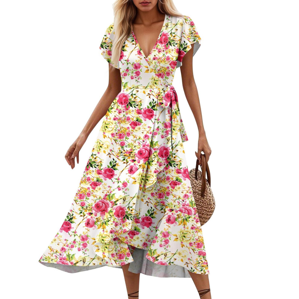 Women's Floral V-neck Short-sleeved Midi Dress, Retro-Red M