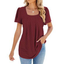Women's Summer Square Neck Short Sleeve Long T-Shirt-Burgundy M