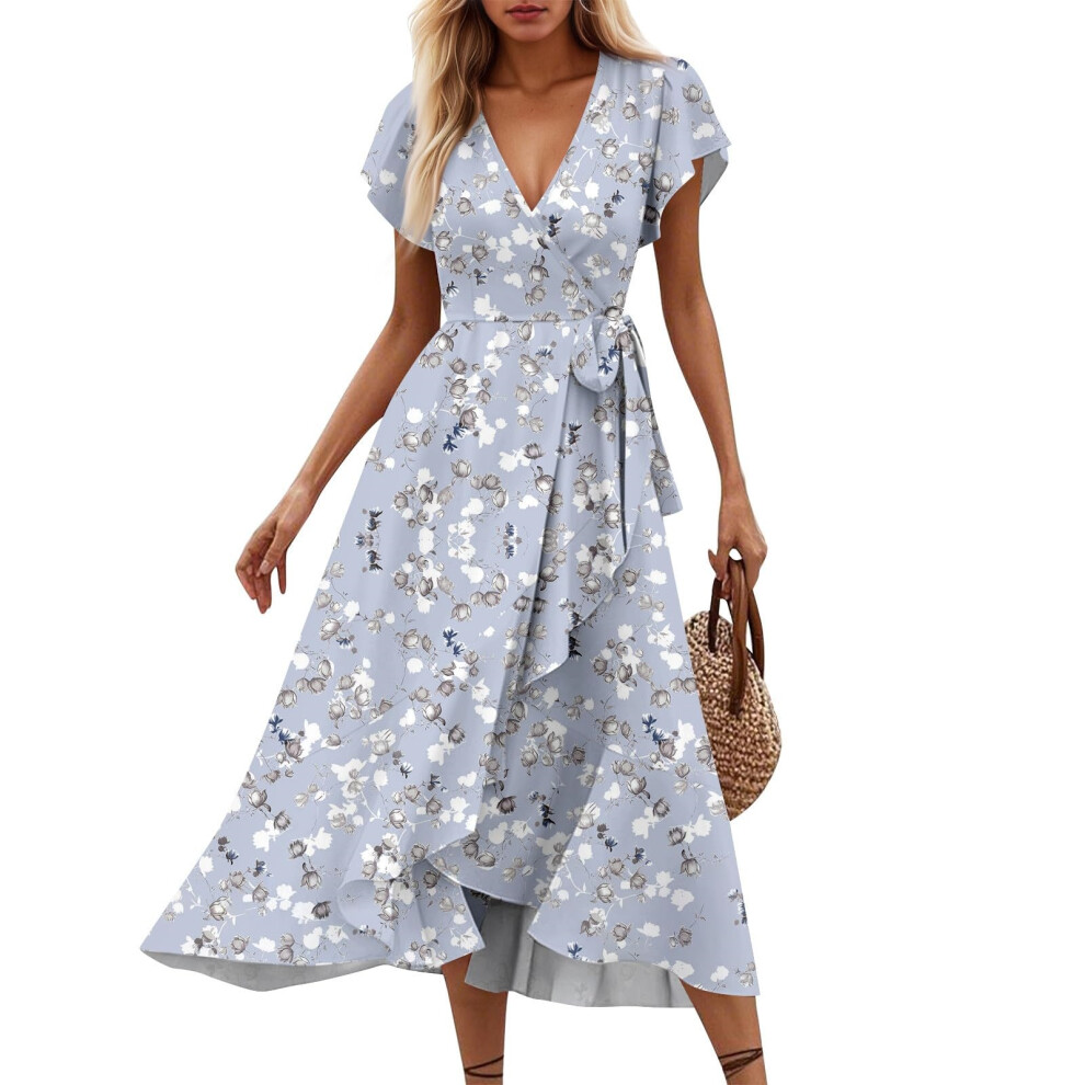 Women's Floral V-neck Short-sleeved Midi Dress, Retro-æµç´«è² XXL