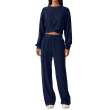 Women's two-piece sportswear set with knotted-Navy Blue XXL