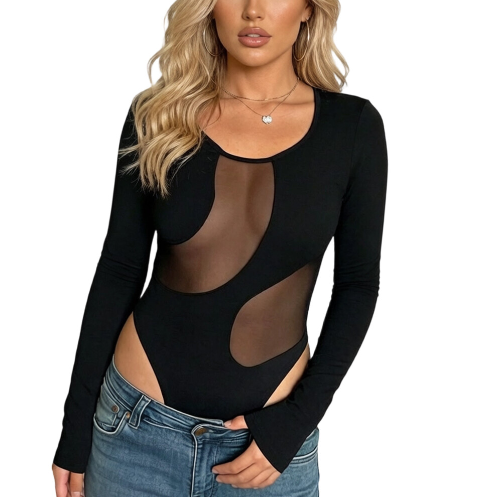 Black Mesh Patchwork Leotard Going Out Bodysuits Tops Round- L