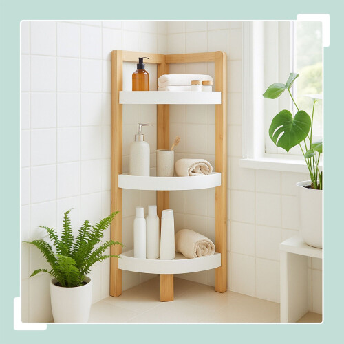 Bamboo Corner Shelf with Racks - Space-Saving Storage 1
