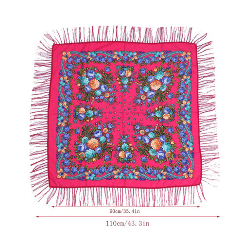 Flower Pattern Square Scarf With Tassels Trim Breathable-Black 1