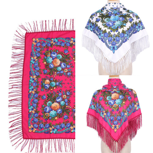 Flower Pattern Square Scarf With Tassels Trim Breathable-Black 2