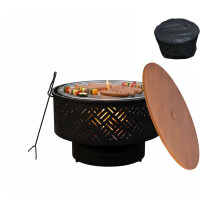 Eldskål med lock och grill - svart, för trädgårdsbruk