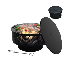 Eldskål med lock och grill - svart, rostfritt stål