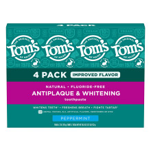 Tom's of Maine Natural Fluoride-Free Antiplaque & Whitening Toothpaste, Peppermint, 4.7 OZ (133 g), 4 PACK - Vegan, Halal, Kosher, Cruelty-Free