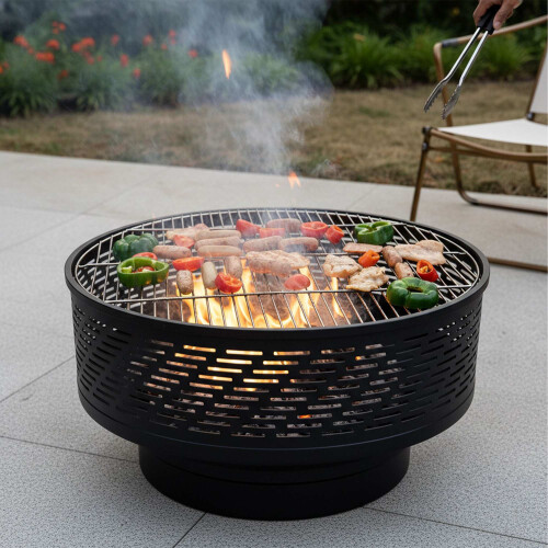 Eldskål med lock och grill - svart, rostfritt stål 1