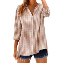 Cotton 3/4 Sleeve Button Down Shirts for Women-Brown XXL