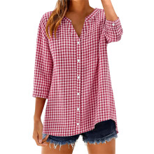Cotton 3/4 Sleeve Button Down Shirts for Women-Burgundy S