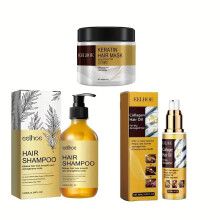 Set per la cura dei capelli da 3 pezzi, include maschera alla cheratina, olio di macadamia e shampoo al rosmarino, idrata in