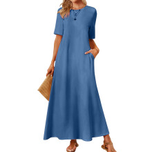 Summer Women's Short Sleeve Round Neck Comfortable-Blue XL