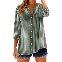 Cotton 3/4 Sleeve Button Down Shirts for Women Gingham-Green L