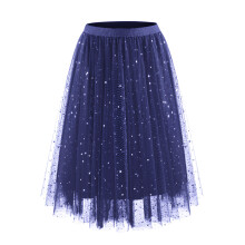 Women’s Sequins Tulle Skirts Elastic High Waist-Navy Blue M