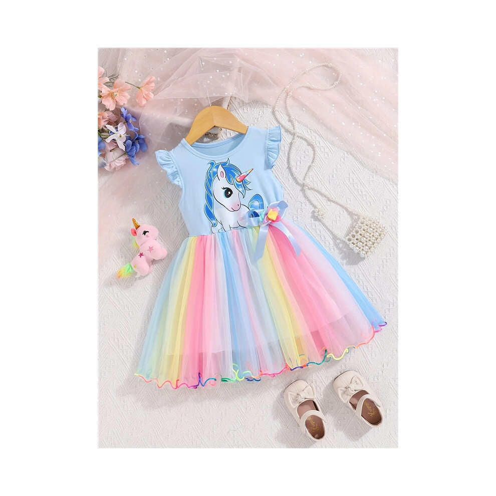 Photos - Fancy Dress  Girls and toddlers summer lotus leaf sleeves unicorn heat-painted bow colorful mesh skirt beautiful princess sk(Blue, 2-3Y)