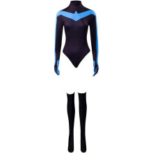 (XL) Women Wing Cosplay Costume Black Blue Bodysuit Jumpsuit Gloves Stockings Full Set Party Stage Wear