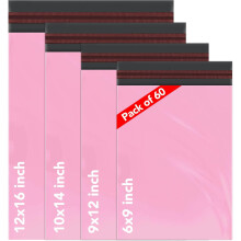 60 Mixed Size Baby Pink Mailing Bags, Self Seal 4 Size Strong Waterproof Poly Plastic Envelopes