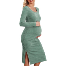 Polyester Maternity Dress Long Sleeve Elastic Rib And-Green M