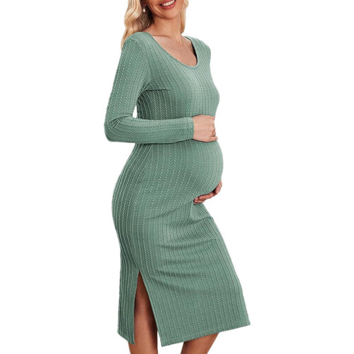 Polyester Maternity Dress Long Sleeve Elastic Rib And-Green M