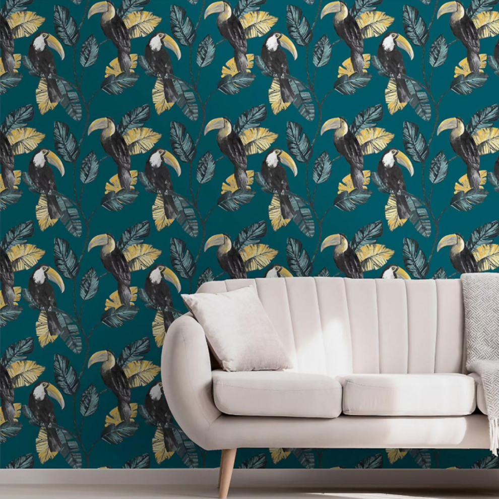 Teal Tropical Bird Wallpaper Floral Leaf Toucans Smooth Finish Paste The Wall 5061103678799
