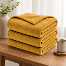 (2X Double/ Medium, Ochre) Budget Friendly Luxury 310GSM Faux Fur Fleece Blankets - Ultra Soft Warm Plush Throws for All Season Use | Pack of 2