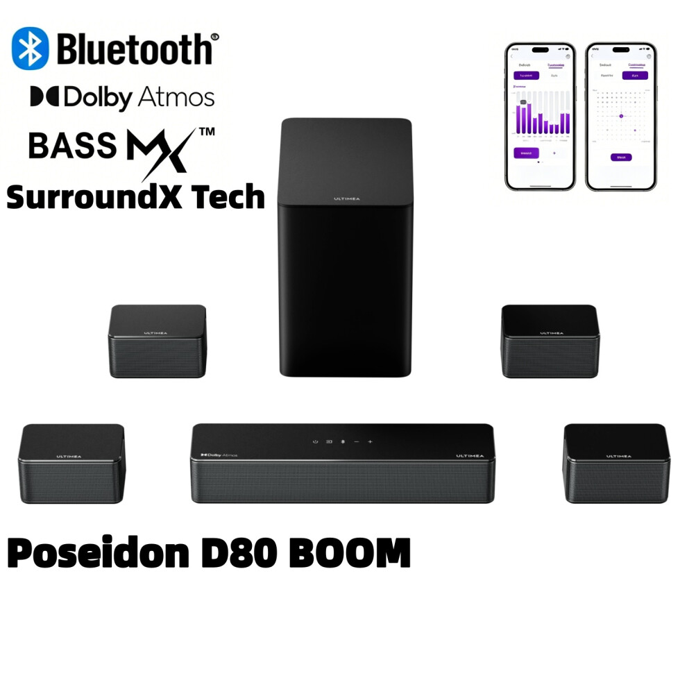 Ultimea Poseidon Series 7.1Ch Dolby Atmos Soundbar, 500W Home Cinema System, 4 Surround Speakers & Wireless Subwoofer, Hdmi Earc, Poseidon D80 Boom 4262533460331